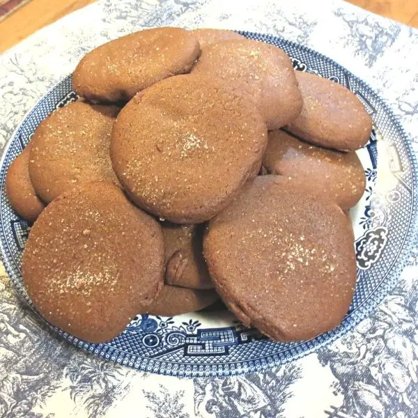 Old-Fashioned Molasses Cookies on a blue willow plate