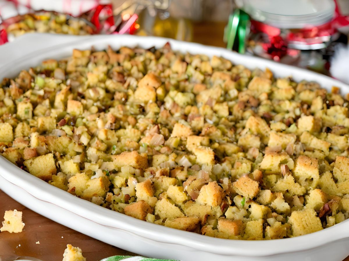 a white casserole dish filled with homemade cornbread stuffing