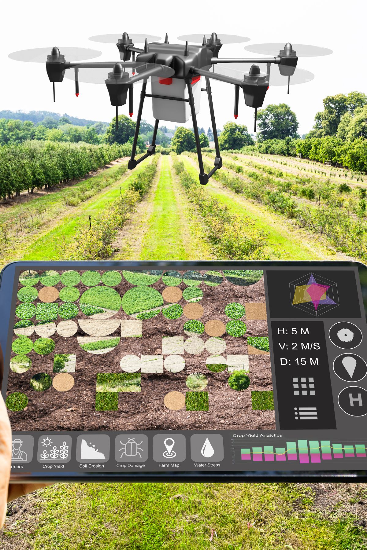 drone passing over fields for modern day farmers