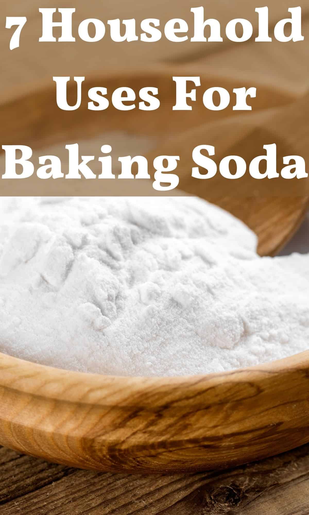 baking soda in wooden bowl with wooden spoon for household uses of baking soda