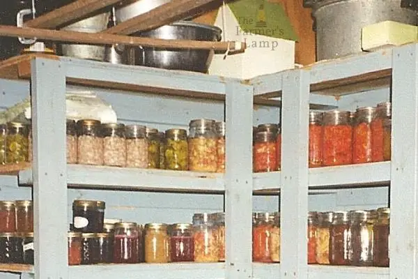 shelves filled with home canned produce and meats