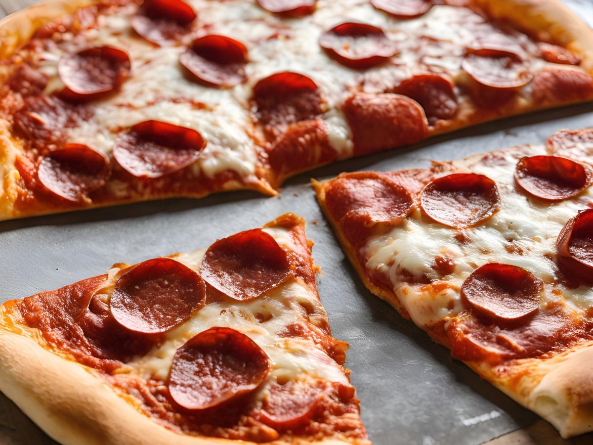 pepperoni pizza made from einkorn pizza dough recipe sliced into three pieces