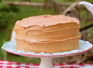 einkorn yellow caked frosted with chocolate buttercream frosting on a white cake plate and a red and white gingham tablecloth