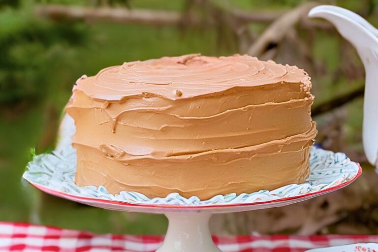 einkorn yellow caked frosted with chocolate buttercream frosting on a white cake plate and a red and white gingham tablecloth