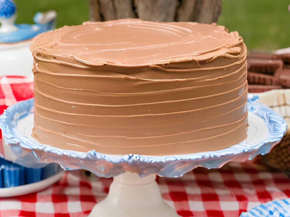 einkorno yellow cake frosted with chocolate buttercream frosting on a blue and white cake place and a red gingham tablecloth