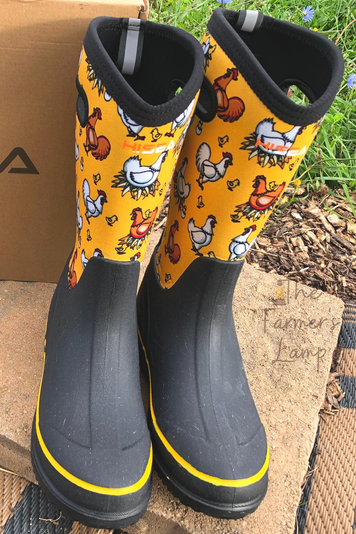 yellow boots with chickens on them