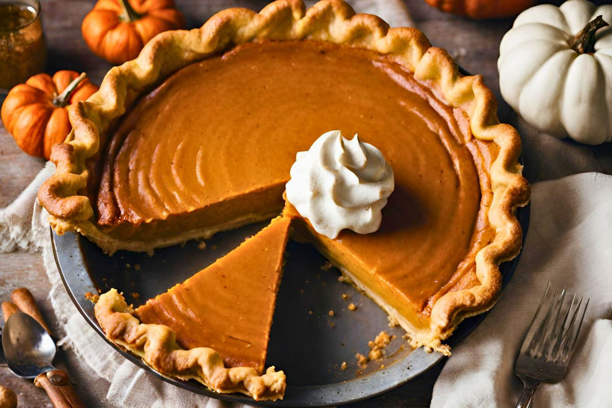 homemade pumpkin pie with a dollop of whipped cream on top