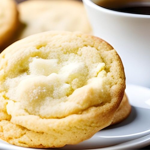 old fashioned sugar cookies on a white plate with a white cup in the background filled with coffee