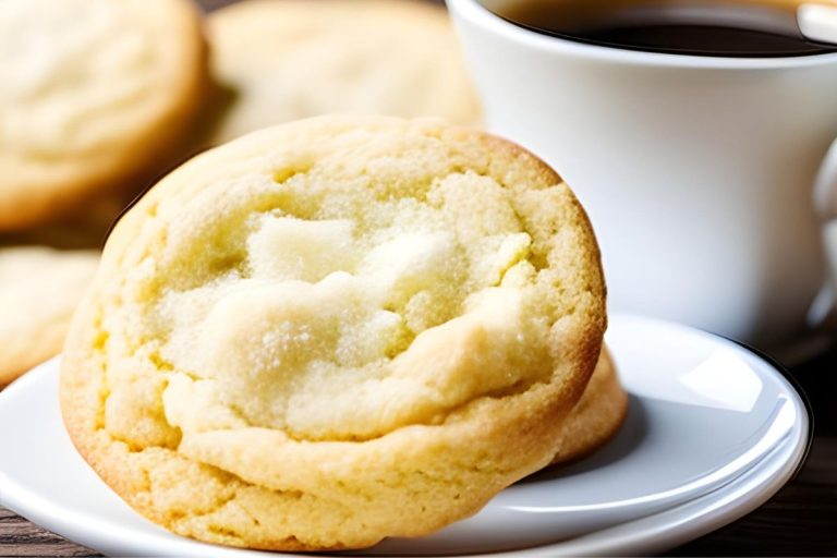 old fashioned sugar cookies on a white plate with a white cup in the background filled with coffee