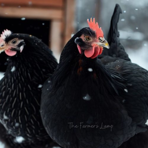 two black hens in the snow