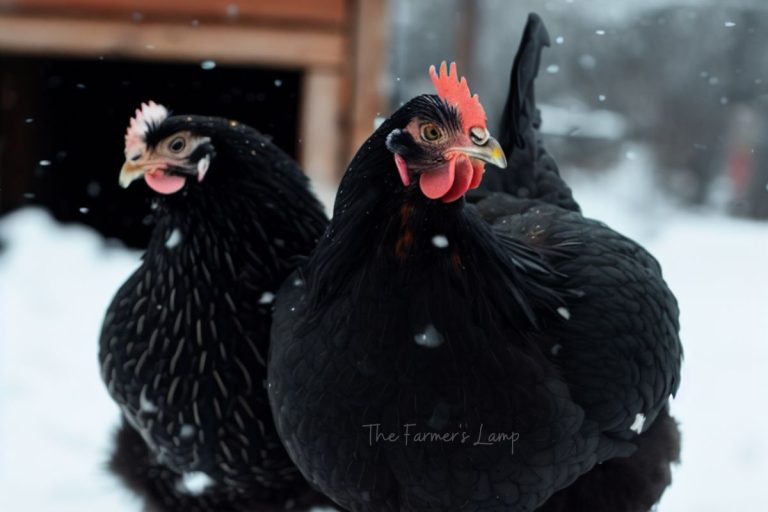 two black hens in the snow