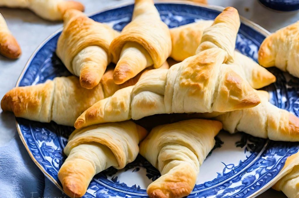 baked einkorn rolls on a bllue willow plate