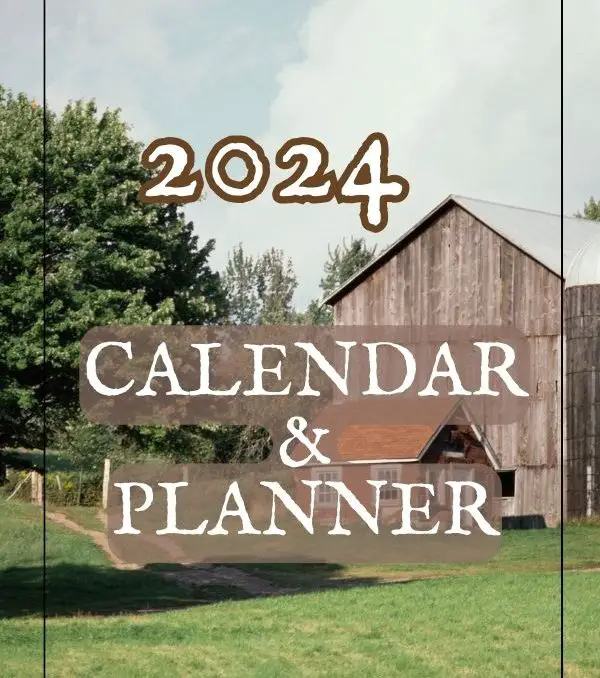 picture of an old barn with a large tree beside it with the words written that say 2024 calendar and planner