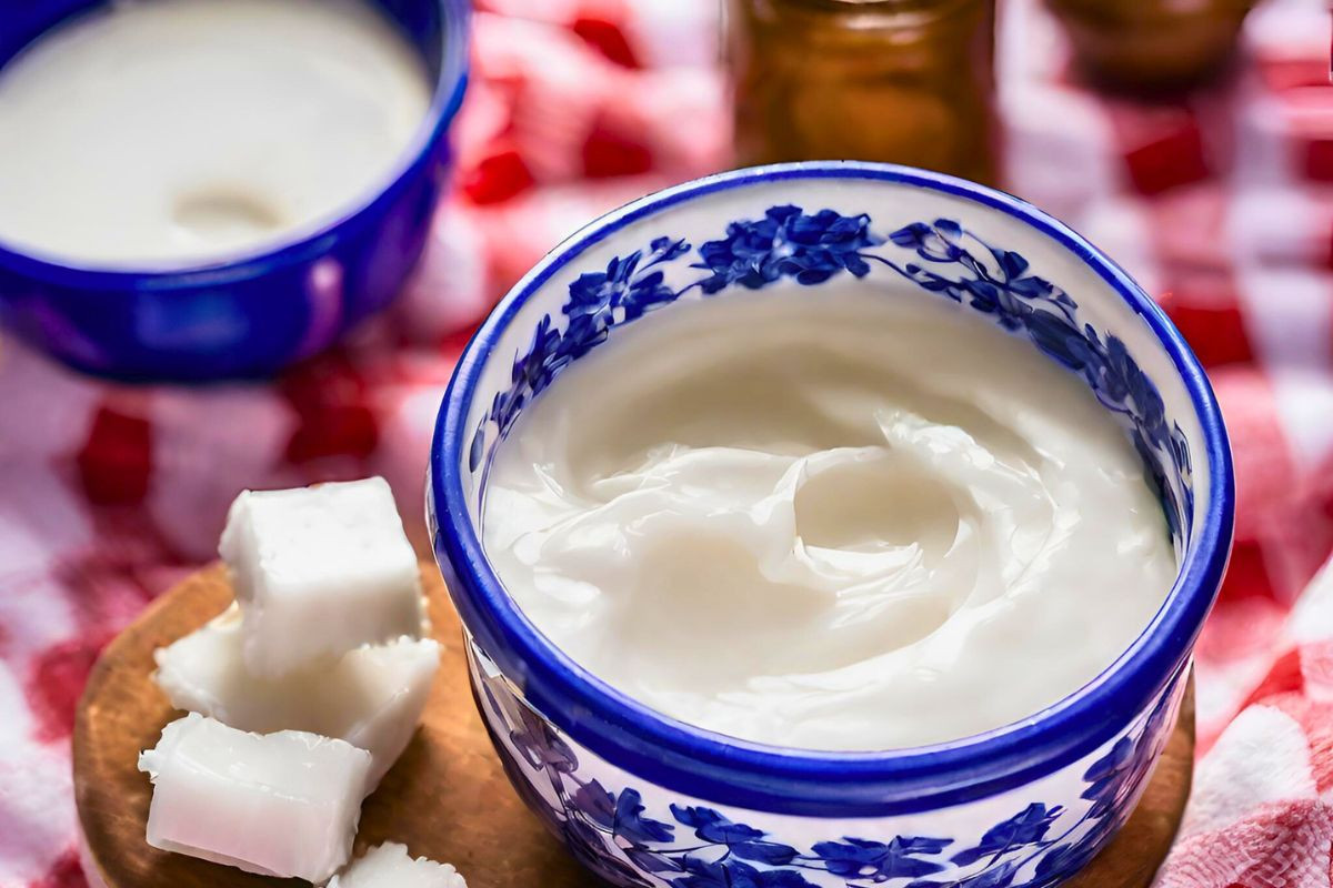 coconut oil in a blue and white bowl on a wooden cutting board on a red and white checkered tablecloth