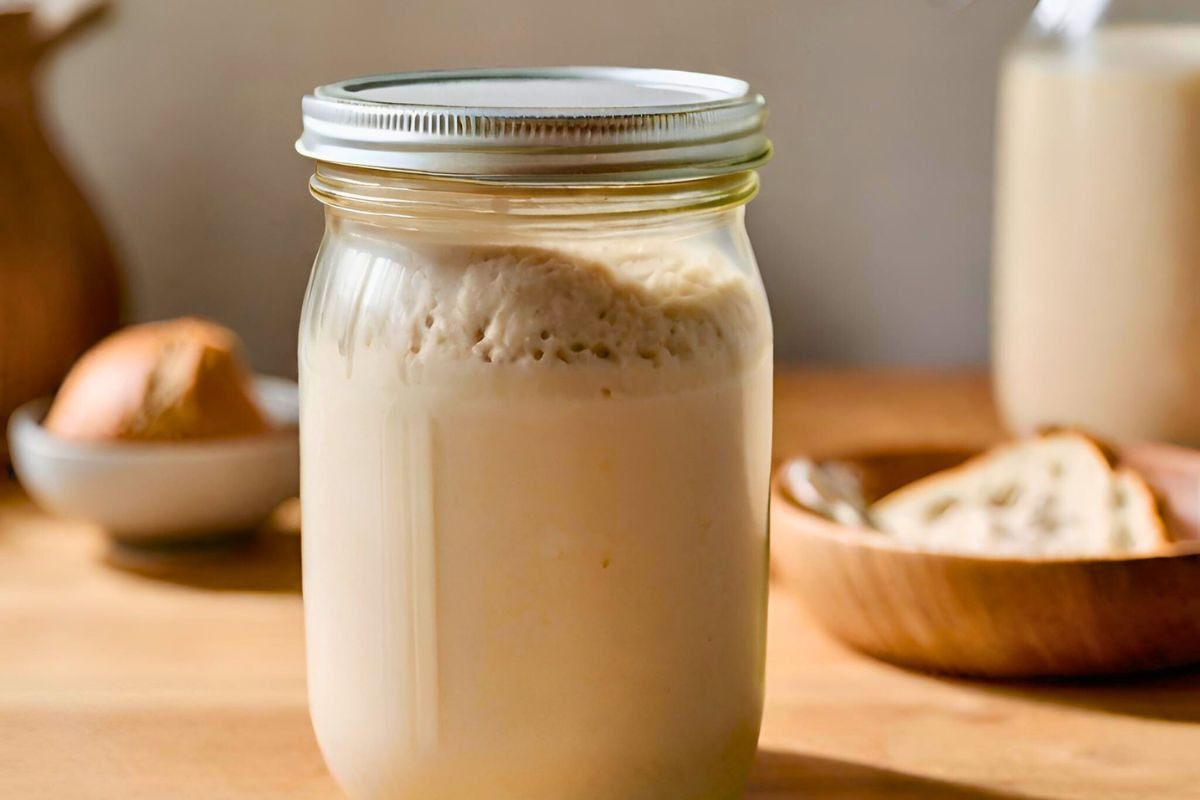 sourdough starter in a clear glass jar sitting on my counter