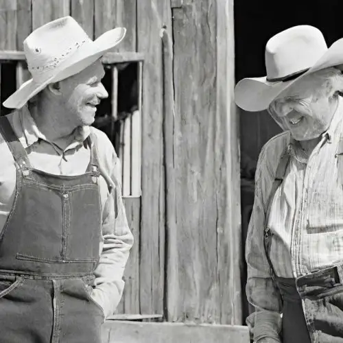 black and white photo of two old farmers standing in front of a barn and laughing