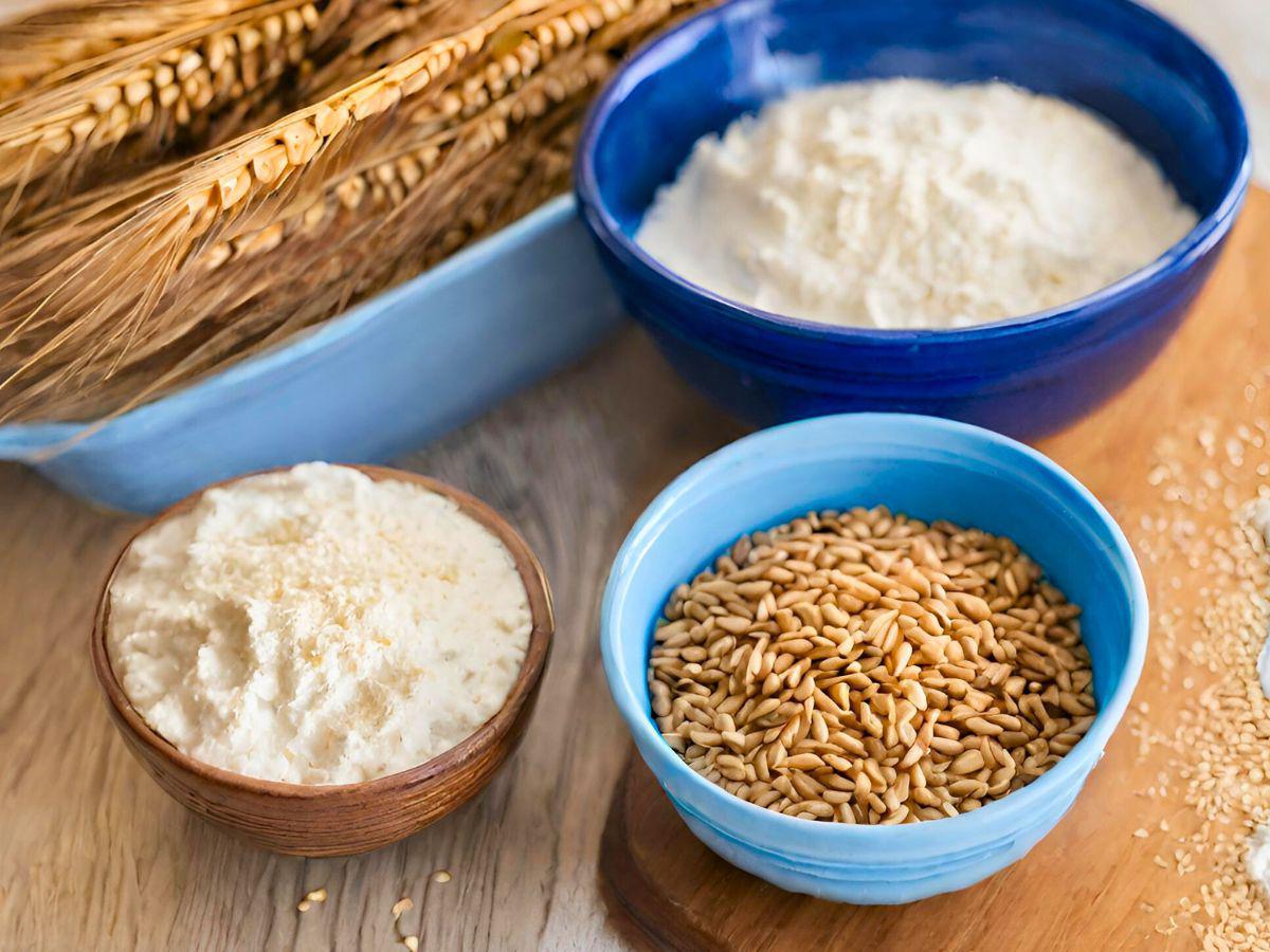 a bowl of einkorn wheat kernels in a blue bowl and a blue bowl of einkorn flour both sitting on a wooden board