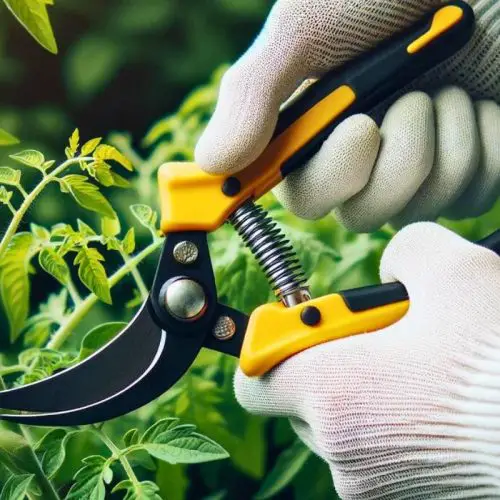 womans hand with pruning shears preparing to prune a tomato plant