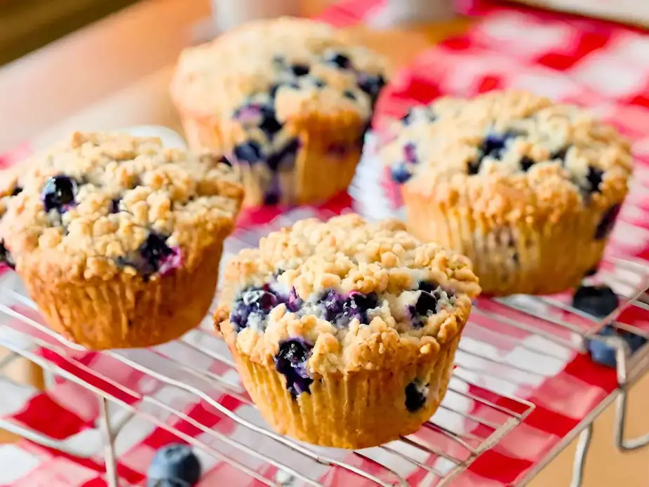 einkorn blueberry muffins with struesel topping cooling on a wire rack on a red gingham tablecloth