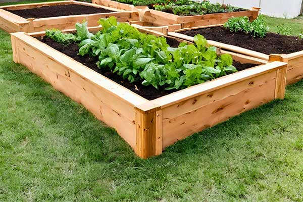 raised bed garden made from cedar with green leafy vegetables growing in them