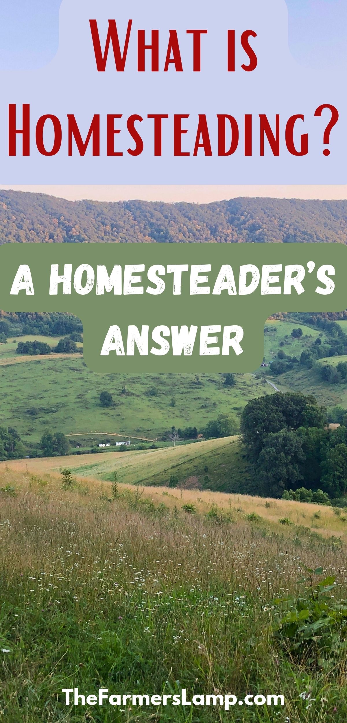 a view from the top of the mountaing looking down on the homestead with words written that read what is homesteading a homesteaders answer the farmers lamp dot com