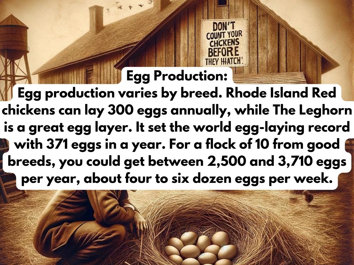 picture of eggs in a nest with words written that read egg production egg production varies by breed rhode island red chickens can lay 300 eggs annually while the leghorn is a great egg layer it set the world egg laying record with 371 eggs in a year for a flock of 10 from good breeds you could get between 2500 and 3710 eggs per year about four to six dozen eggs per week