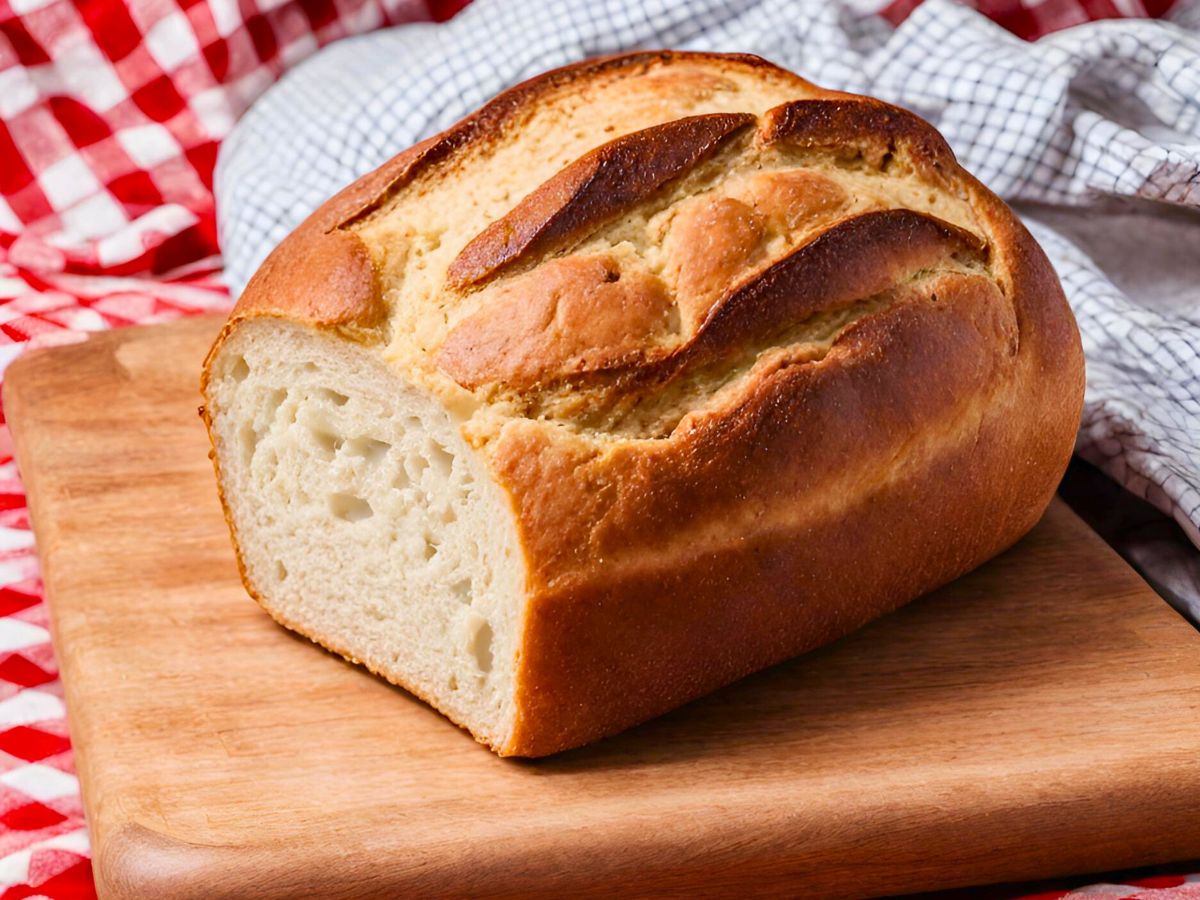 a loaf of fresh baked bread on a cutting board with a red gingham table cloth