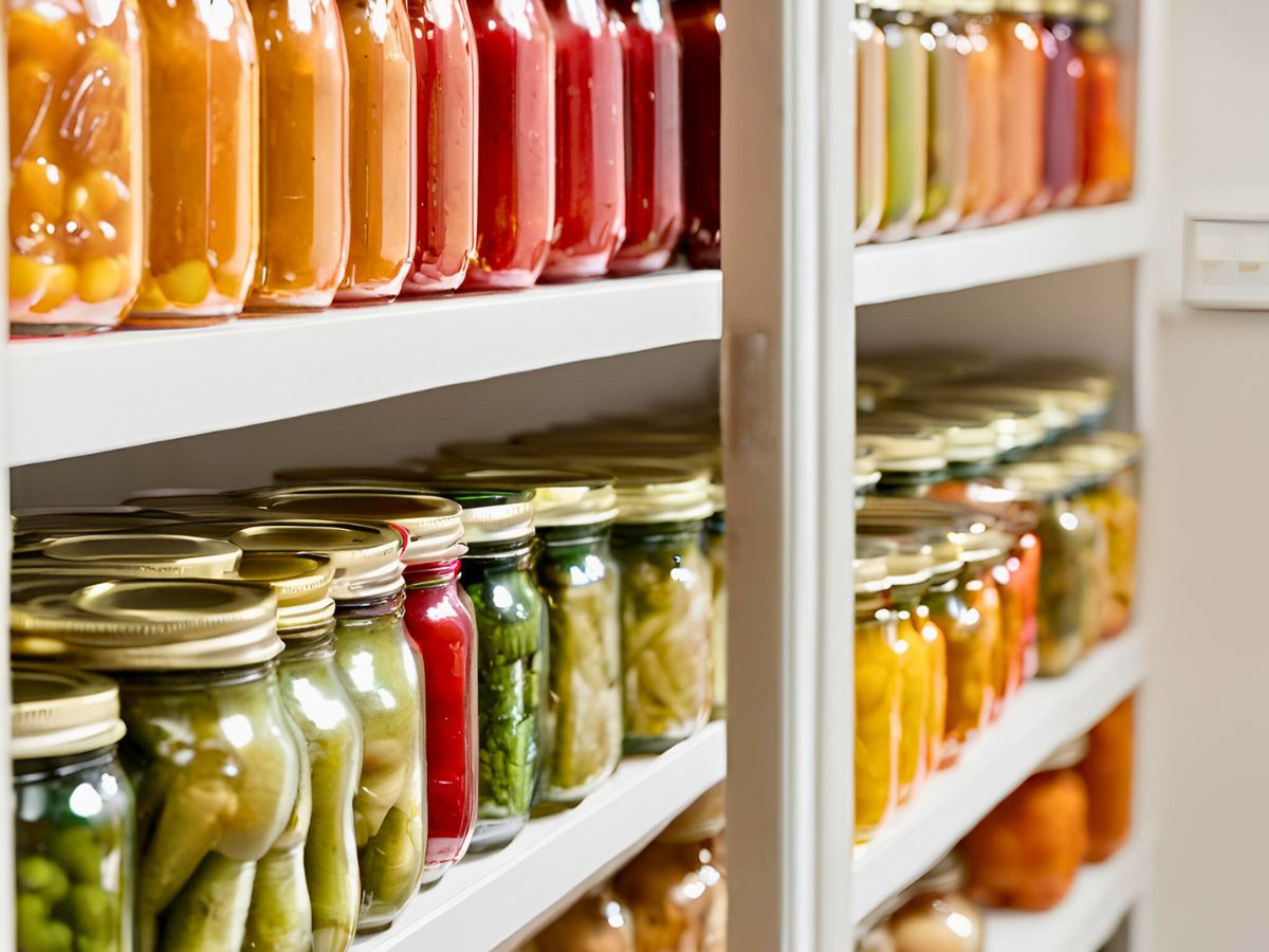 pantry shelves filled with jars of home canned food