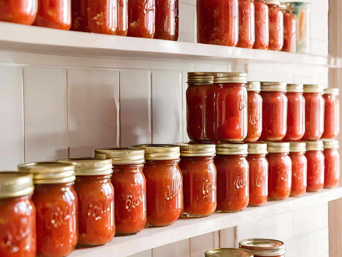 jars of canned tomatoes in pantry