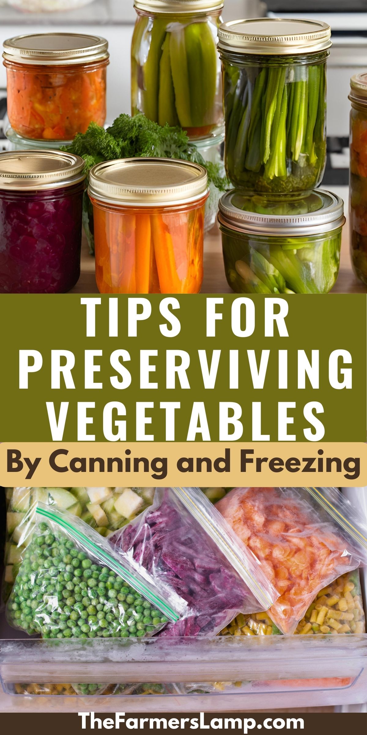 home canned vegetables in glass jars and frozen vegetables in plastic bags with words writtent that read tips for preserving vegetables by canning and freezing the farmers lamp dot com