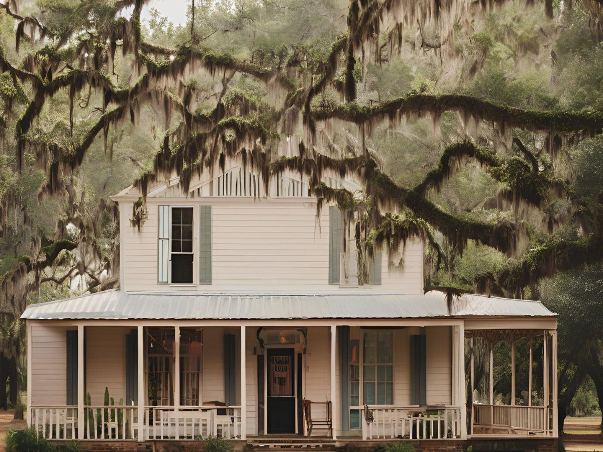 a white southern hme with large oak trees and green shudders