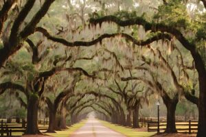 a dirt road with oak trees covered with moss lining the road on each side and hanging over the road