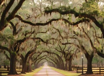 a dirt road with oak trees covered with moss lining the road on each side and hanging over the road