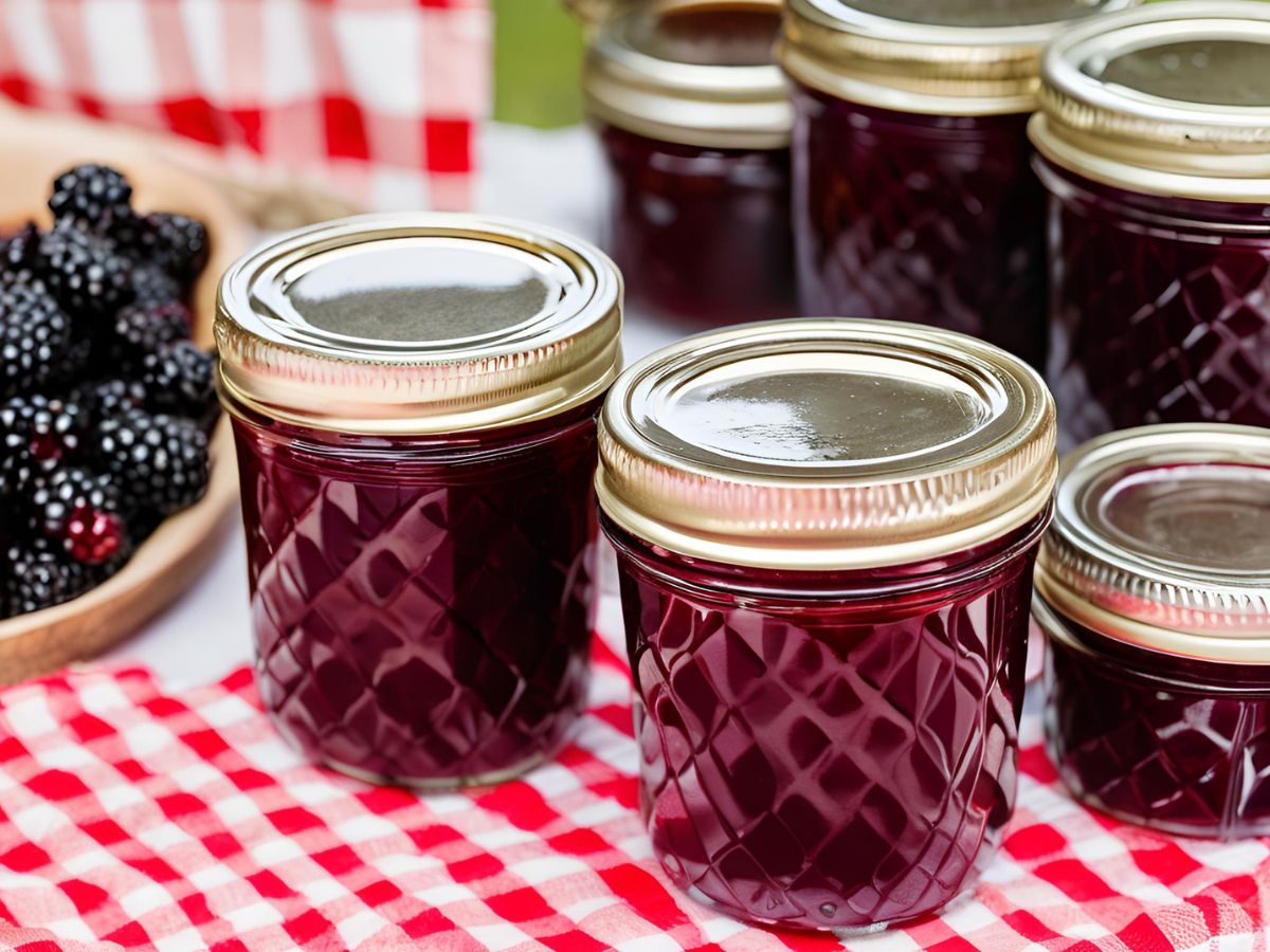 blackberry jam in glass canning jars with a red gingham tablecloth under them 