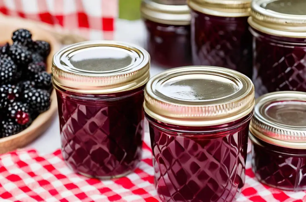 blackberry jam in canning jars sitting on a red gingham tablecloth