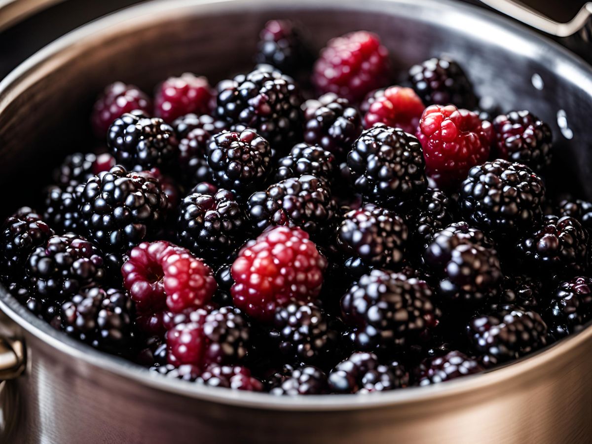 blackberries cooking in a stainless steel pot to make a blackberry jam recipe