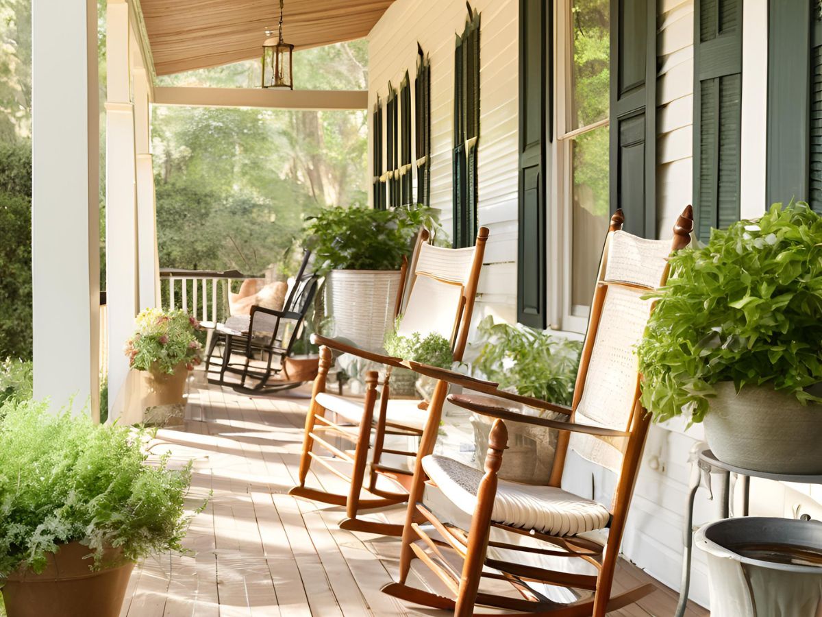 a southern house front porch with white siding and green shutters and rocking chairs 