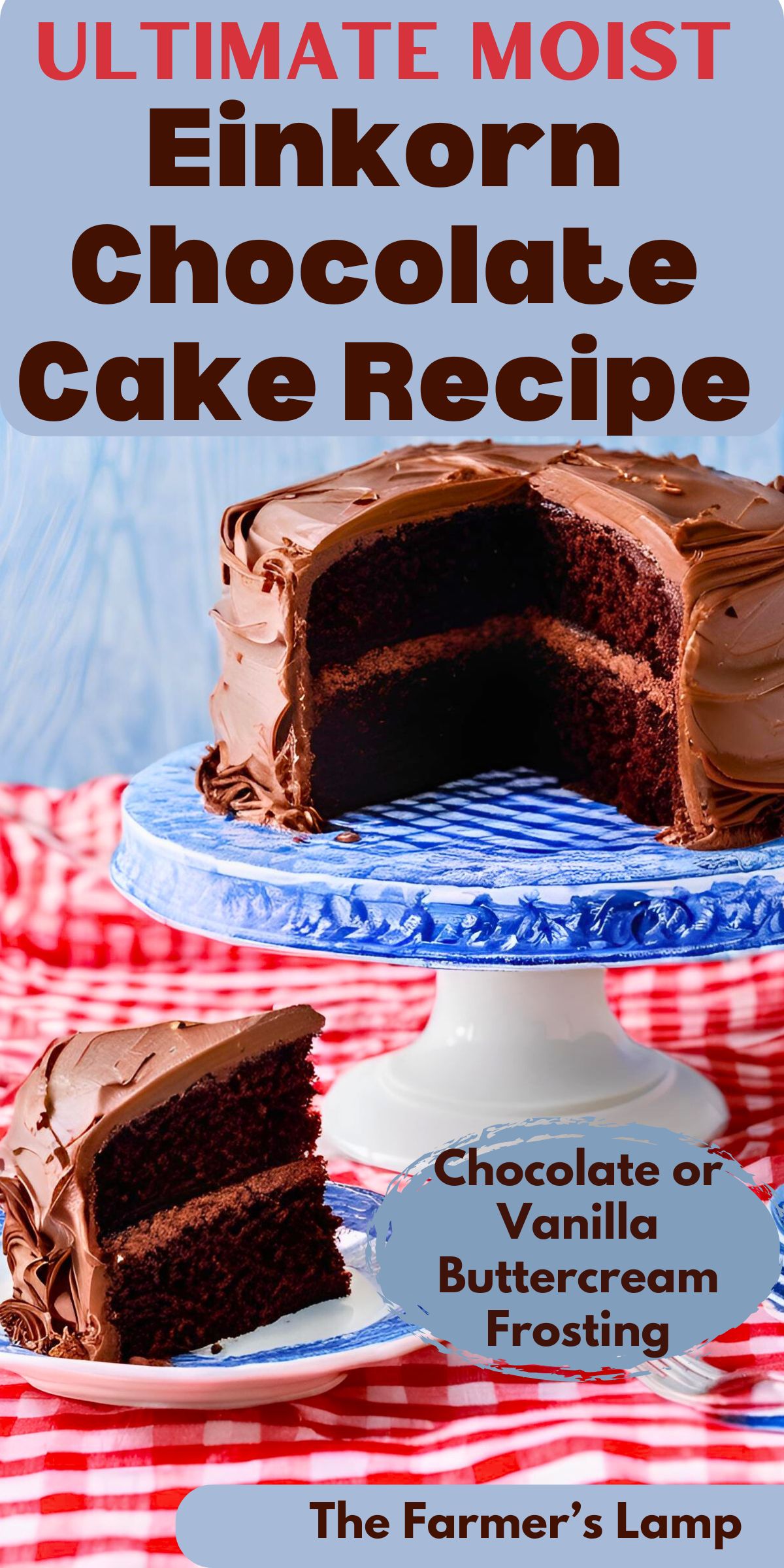 Einkorn chocolate cake on a blue cake stand with a piece of cake cut out sitting on a blue and white plate with red gingham tablecloth with words written that read ultimate moist einkorn chocolate cake with chocolate or vanilla buttercream frosting the farmers lamp