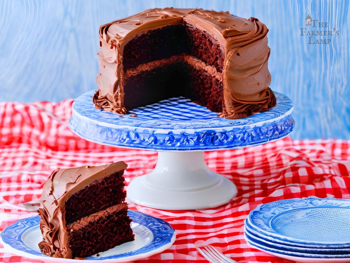 einkorn chocolate cake with chocolat butter cream frosting on a blue and white cake stand with a red and white gingham tablecloth 