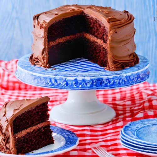 einkorn chocolate cake with chocolat butter cream frosting on a blue and white cake stand with a red and white gingham tablecloth