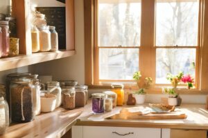 brightly lit kitchen showing food preserved in jars