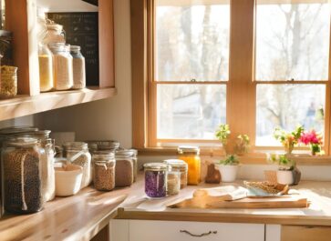 brightly lit kitchen showing food preserved in jars