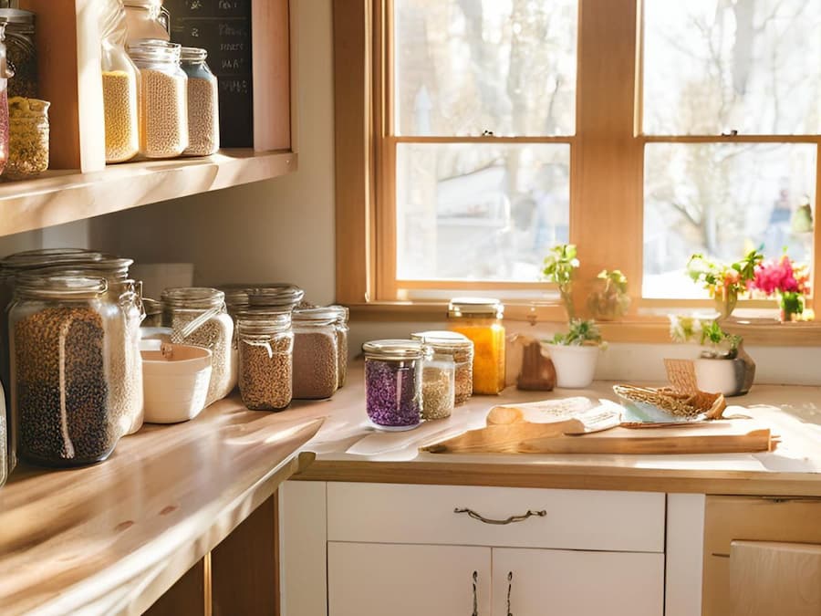 brightly lit kitchen showing food preserved in jars