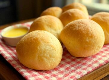 einkorn dinner rolls on a red gingham cloth with a white bowl of melted butter