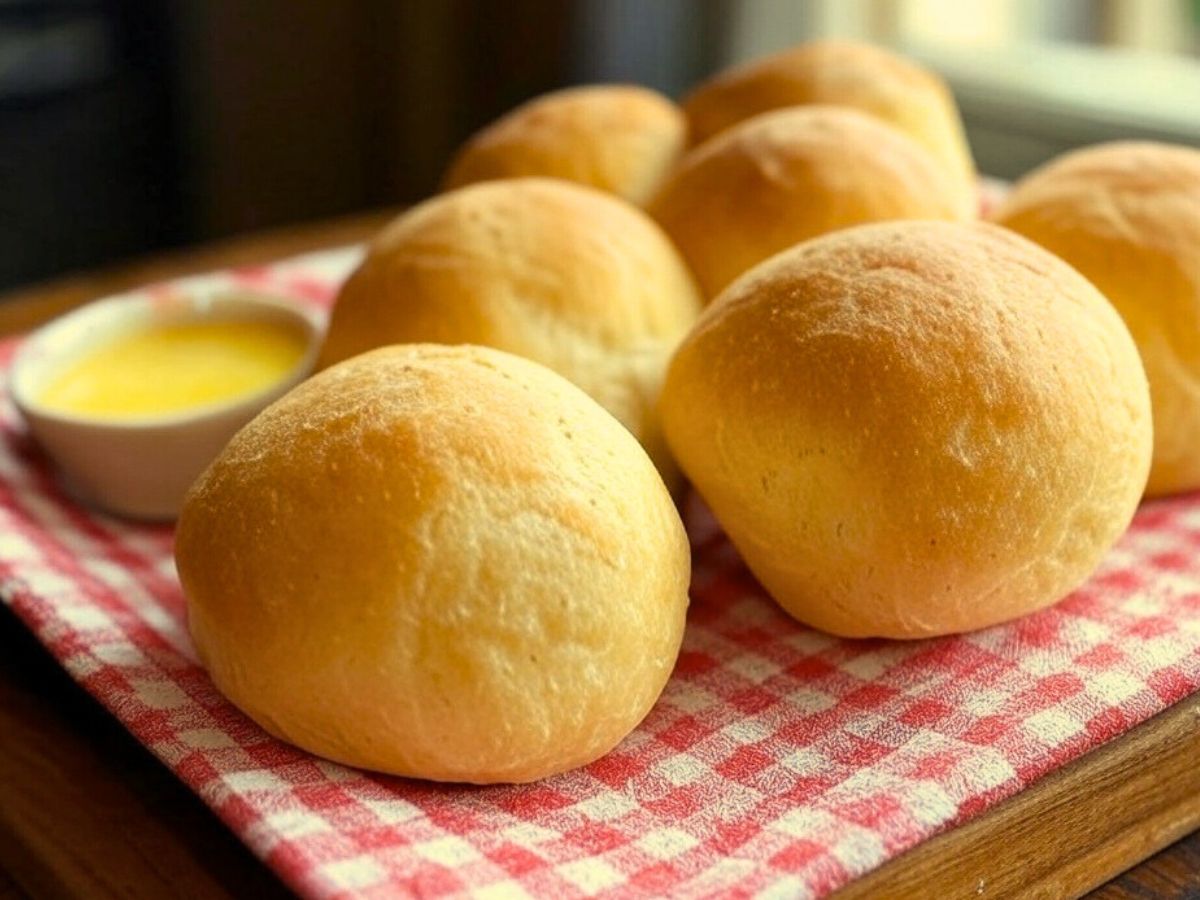 einkorn dinner rolls on a red gingham cloth with a white bowl of melted butter