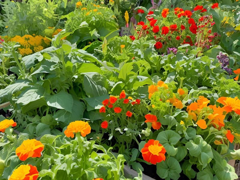 vegetable garden with red yellow and orange flowers in it with some garden pests on the leaves