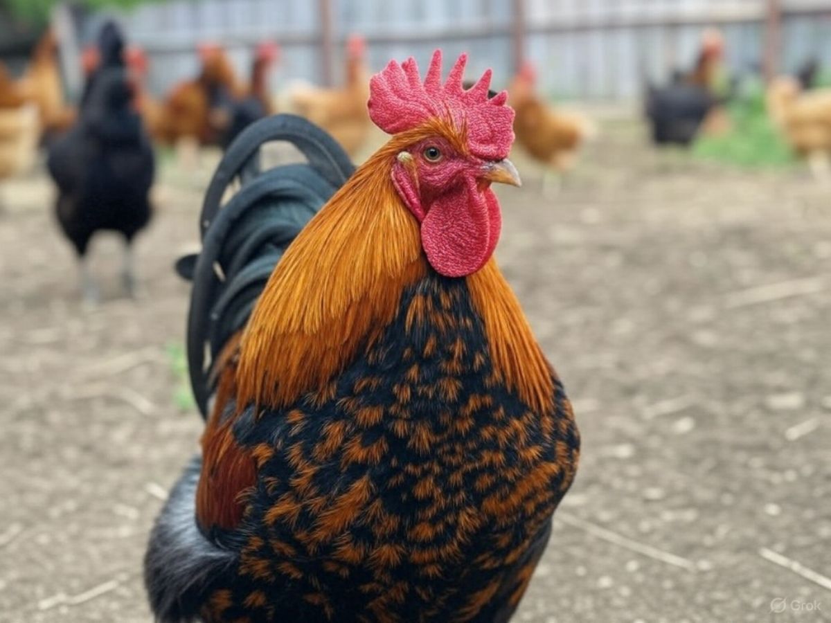 a black copper maran rooster looking at the camera