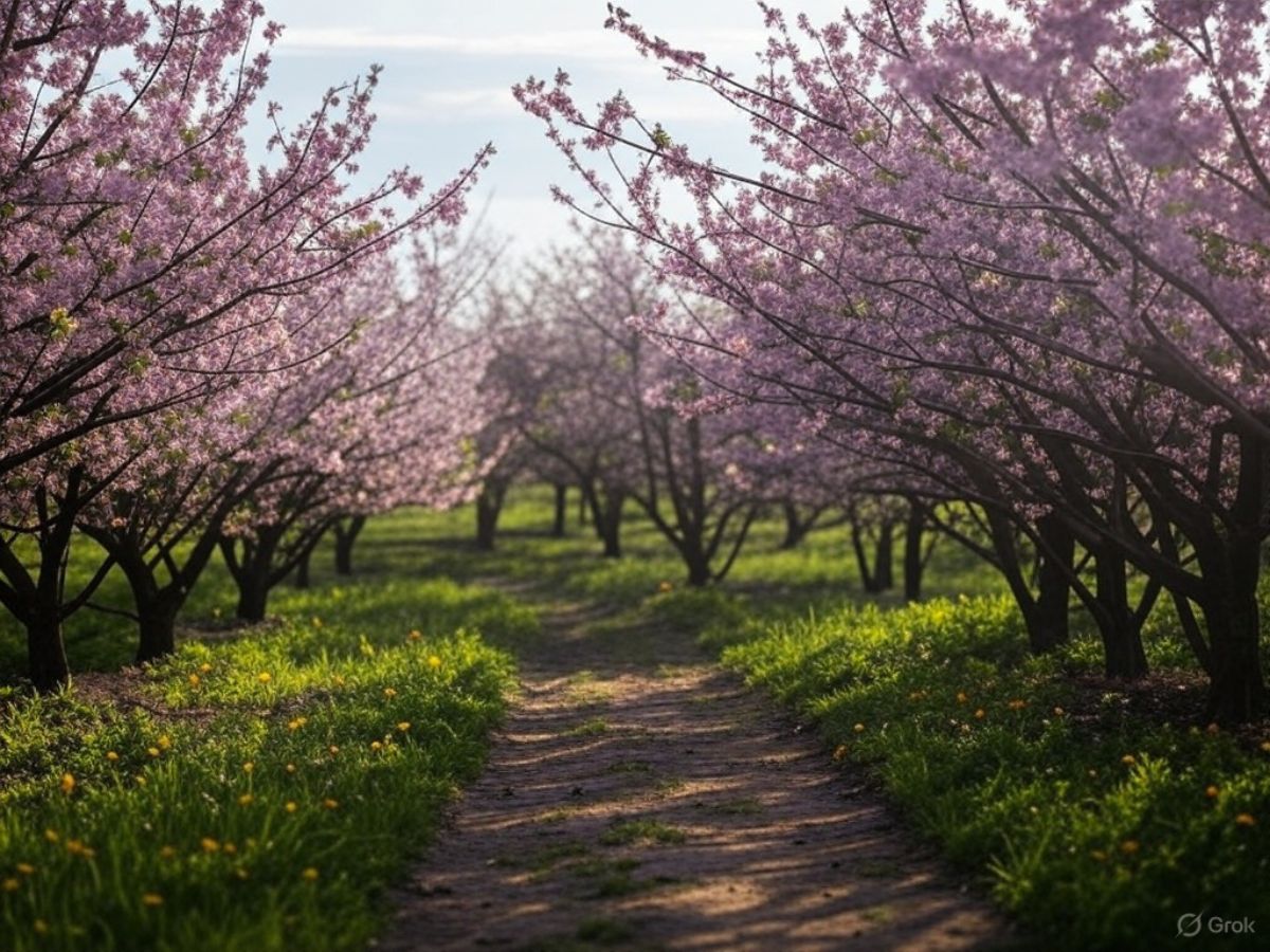 a cherry orchard with trees in full bloom