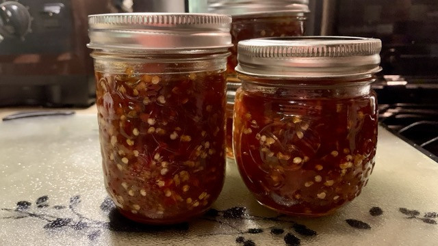 Best Method of Preserving Food After Garden Harvest example of jars that have been processed and are shelf stable. Red colored contents .