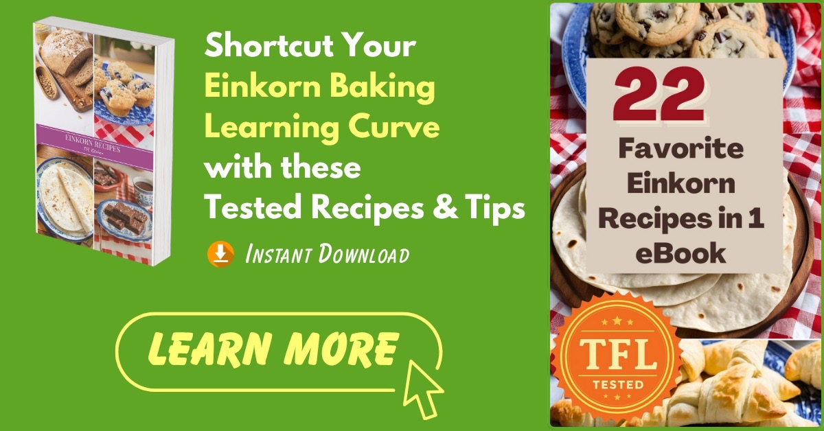 Einkorn Recipe eBook download offer with images of einkorn baked goods.